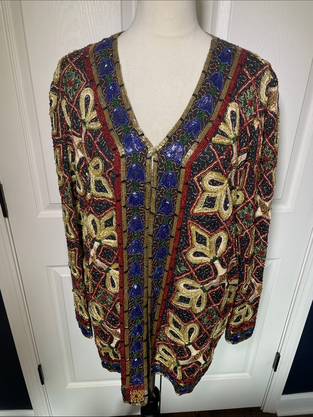 Vintage 90s Past Times Heavily‎ Beaded Multicolor V-Neck Blazer Jacket Size XL